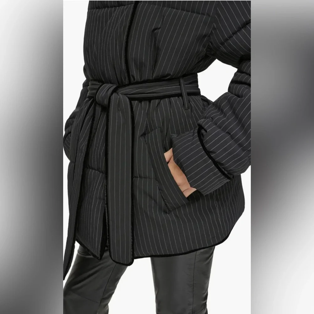 Andrew Marc Krithia Pinstripe Belted Puffer Coat - Picture 4 of 4
